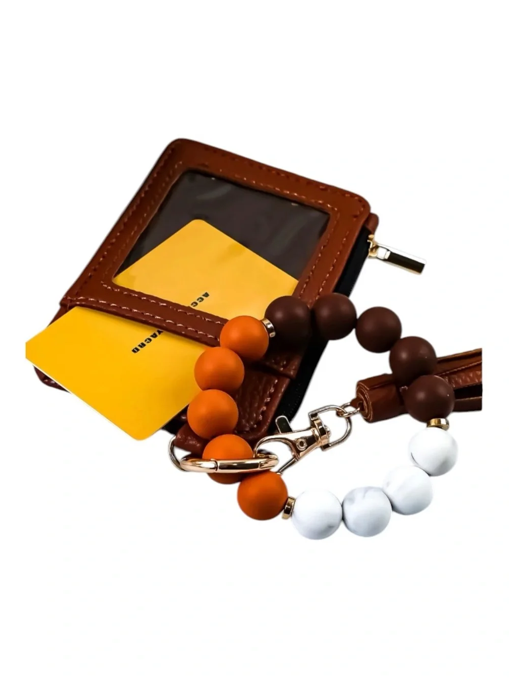 Dark Brown Leather Wristlet Keychain with Orange and White Beads